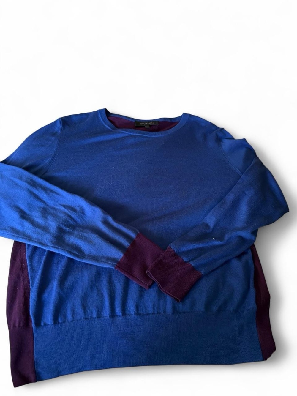 St. John Colorblock Crewneck Sweater in Royal Blue and Plum
